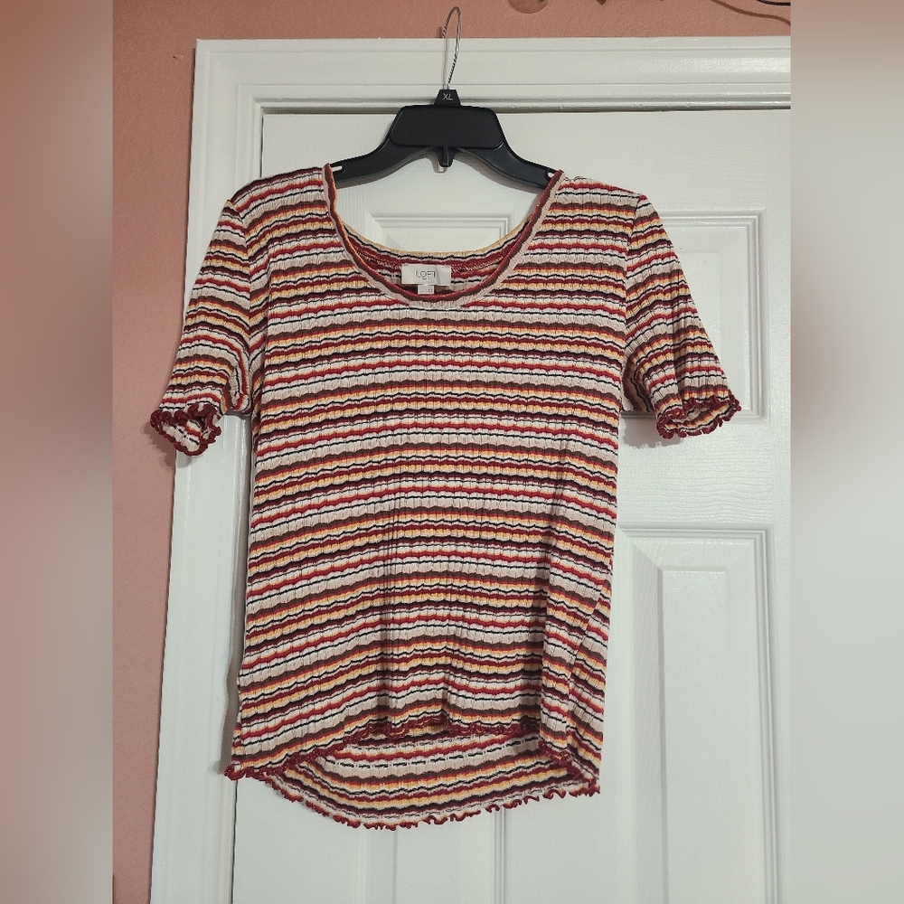 LOFT Women's Striped Ribbed Top - Red and White